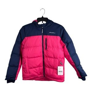 Eddie Bauer Jacket Kids Large 14 Magenta Navy Hooded Puffer Down Winter Coat